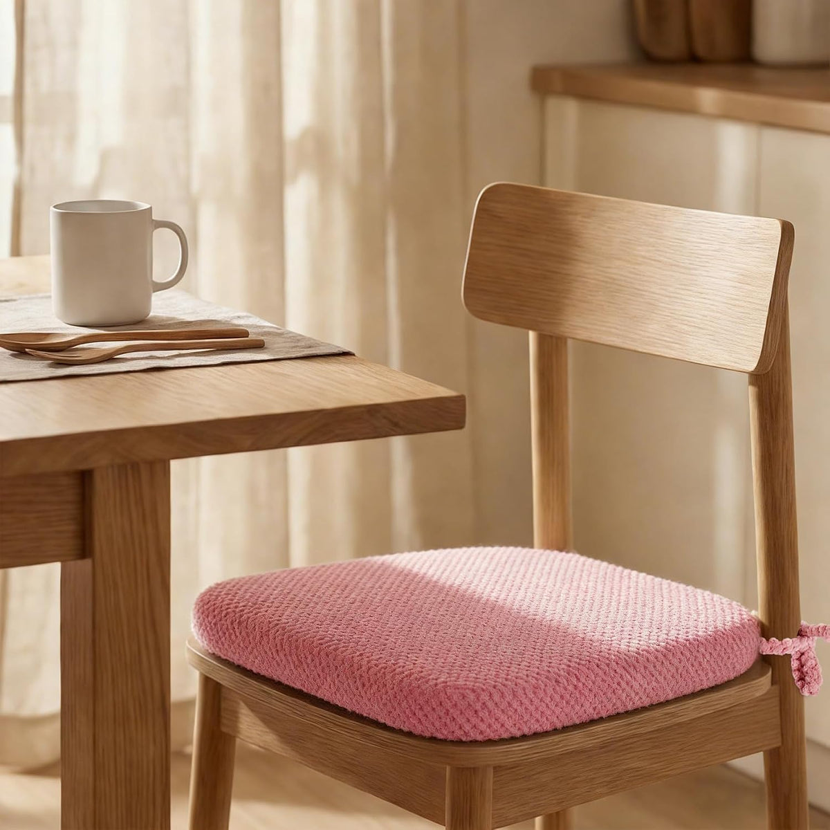Pink Chair Cushions with Tie Removable Cover, D-Shape Foam Kitchen Chair Seat Pads Non Slip 17"x16" Pack