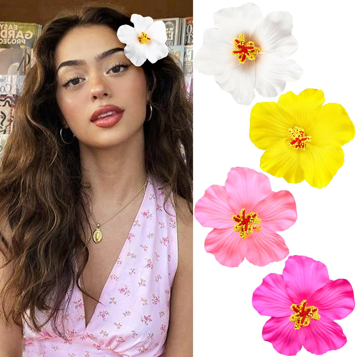 4Pcs Hawaiian Flower Hair Clips for Women,Plumeria Hibiscus Hair Clips Rose Hair Barrettes 3.5 Inch Artificial Flower Clips,Hair Accessories for Vacation Beach Party, Boho Clips for Girls Wedding