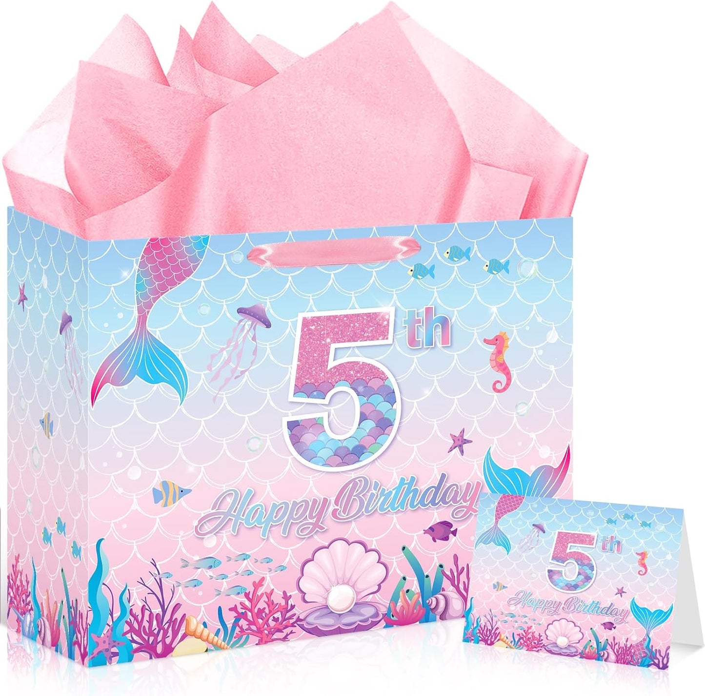 Mermaid 5th Birthday Gift Bag Pink Mermaid Wrapping Paper with Tissue Paper Greeting Card Under the Sea Party Favors Pink Fish Scale Present Wrap Bag for 5 Year Old Girls Packing Party Supplies