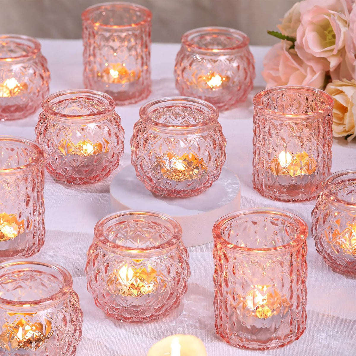 Pink Votive Candle Holders Set of 24- Round Glass Candle Holders Bulk for Flameless LED Tea Waxes, Romantic Candle Holder for Wedding & Various Parties, Home Table Decor