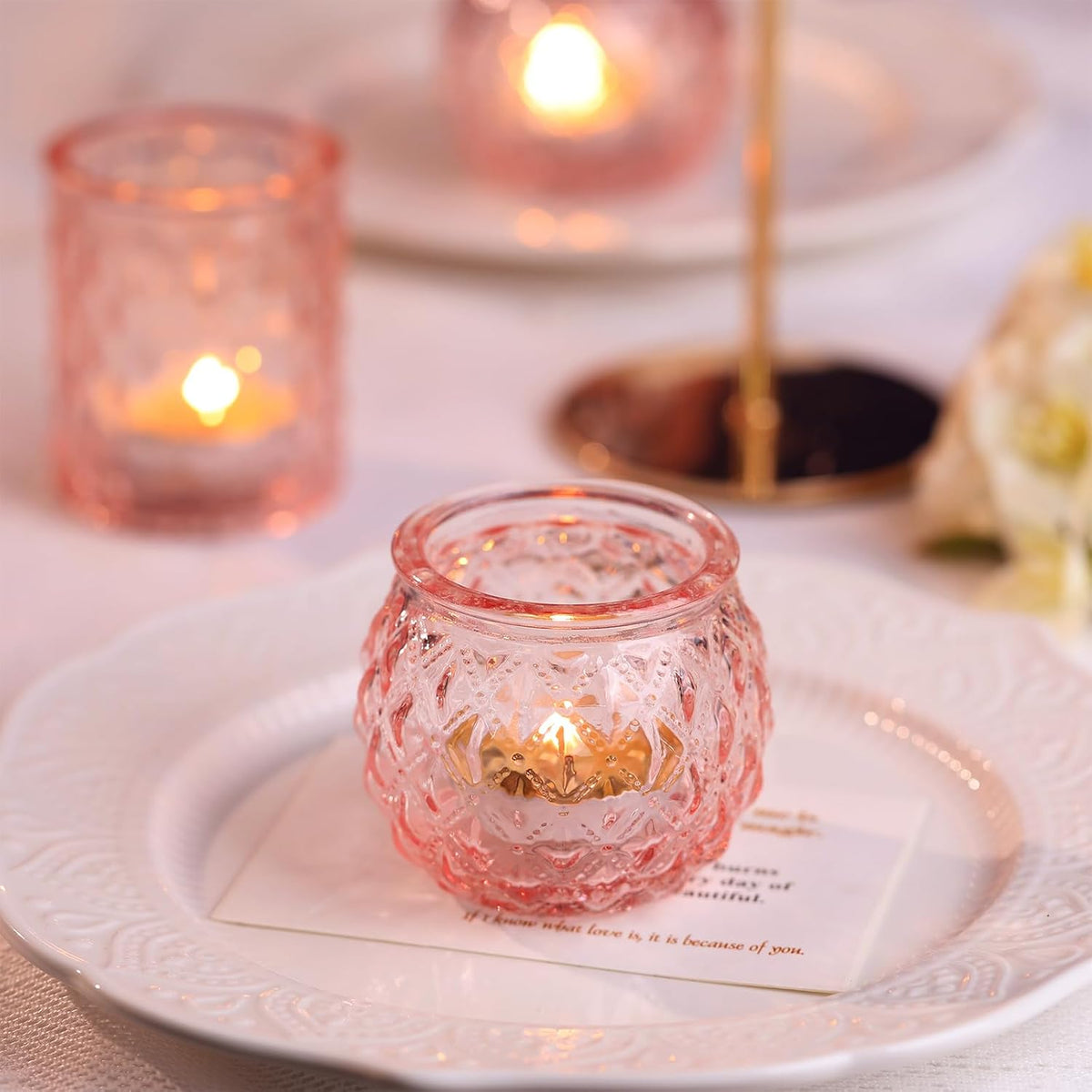 Pink Votive Candle Holders Set of 24- Round Glass Candle Holders Bulk for Flameless LED Tea Waxes, Romantic Candle Holder for Wedding & Various Parties, Home Table Decor