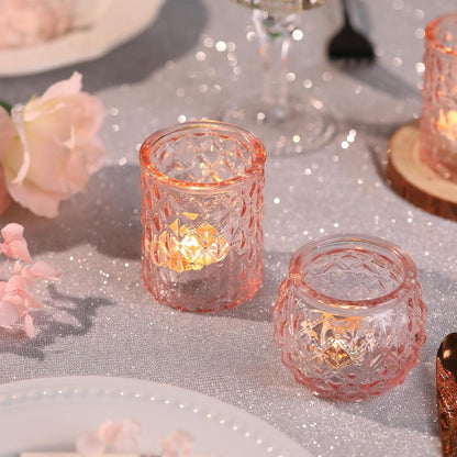 Pink Votive Candle Holders Set of 24- Round Glass Candle Holders Bulk for Flameless LED Tea Waxes, Romantic Candle Holder for Wedding & Various Parties, Home Table Decor