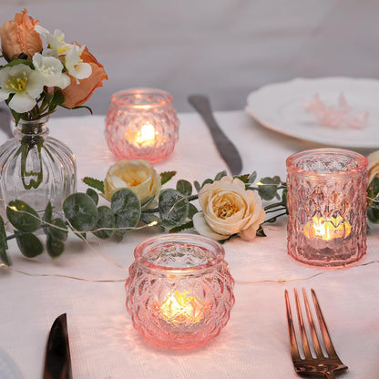 Pink Votive Candle Holders Set of 24- Round Glass Candle Holders Bulk for Flameless LED Tea Waxes, Romantic Candle Holder for Wedding & Various Parties, Home Table Decor