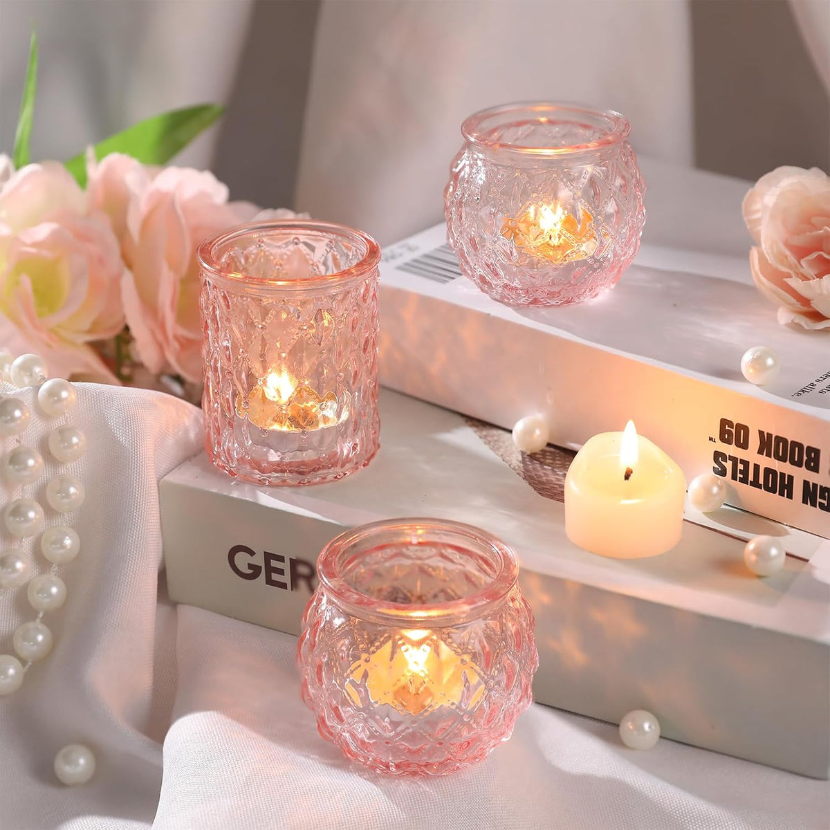 Pink Votive Candle Holders Set of 24- Round Glass Candle Holders Bulk for Flameless LED Tea Waxes, Romantic Candle Holder for Wedding & Various Parties, Home Table Decor