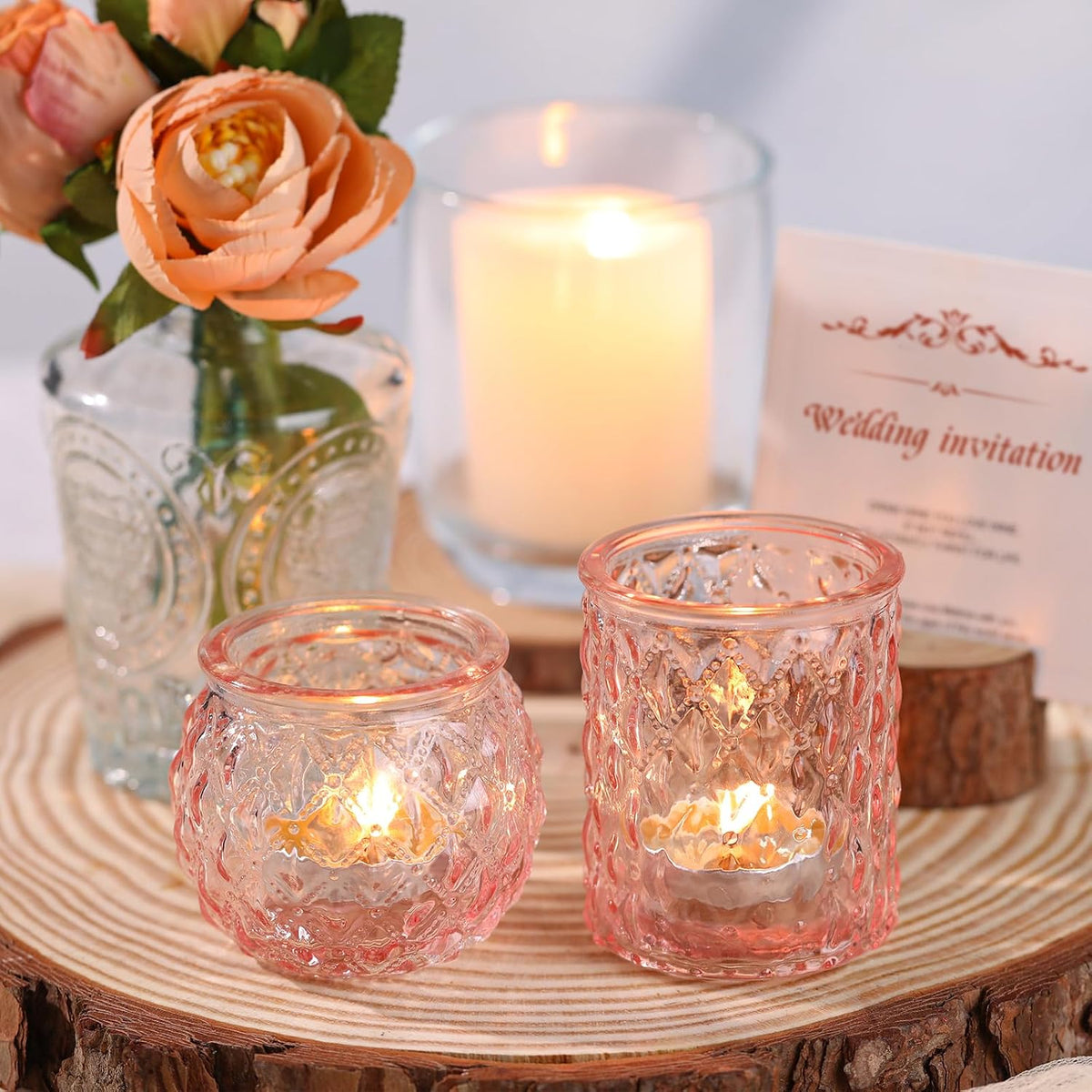 Pink Votive Candle Holders Set of 24- Round Glass Candle Holders Bulk for Flameless LED Tea Waxes, Romantic Candle Holder for Wedding & Various Parties, Home Table Decor