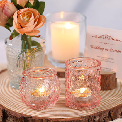 Pink Votive Candle Holders Set of 24- Round Glass Candle Holders Bulk for Flameless LED Tea Waxes, Romantic Candle Holder for Wedding & Various Parties, Home Table Decor