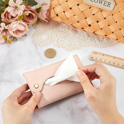 Travel PU Leather Tissue Holder Tissue Box Cover Rectangle Purse Paper Reusable Pouch Towels Storage Pocket Wipes Dispenser Hand Towels Box for Car Kitchen Table Bathroom Pink Flat