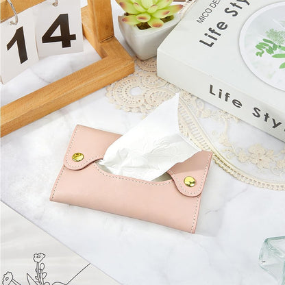 Travel PU Leather Tissue Holder Tissue Box Cover Rectangle Purse Paper Reusable Pouch Towels Storage Pocket Wipes Dispenser Hand Towels Box for Car Kitchen Table Bathroom Pink Flat