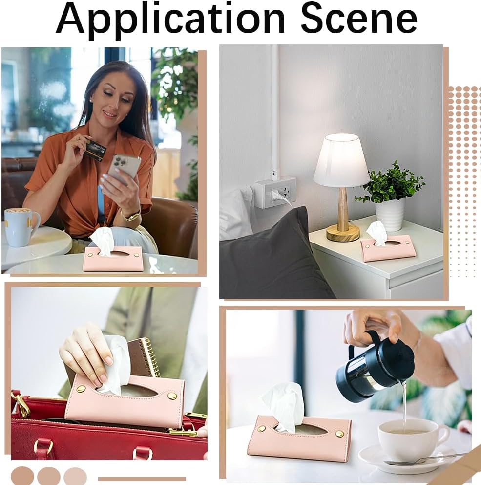 Travel PU Leather Tissue Holder Tissue Box Cover Rectangle Purse Paper Reusable Pouch Towels Storage Pocket Wipes Dispenser Hand Towels Box for Car Kitchen Table Bathroom Pink Flat