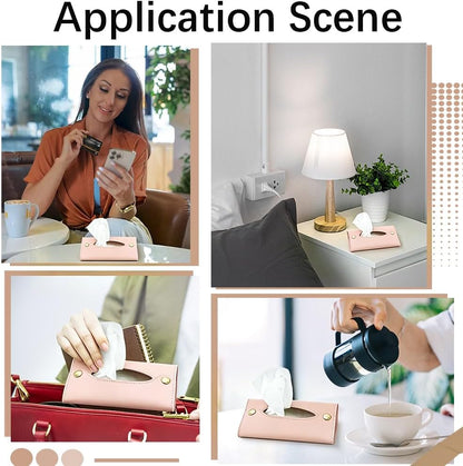 Travel PU Leather Tissue Holder Tissue Box Cover Rectangle Purse Paper Reusable Pouch Towels Storage Pocket Wipes Dispenser Hand Towels Box for Car Kitchen Table Bathroom Pink Flat