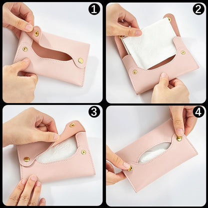 Travel PU Leather Tissue Holder Tissue Box Cover Rectangle Purse Paper Reusable Pouch Towels Storage Pocket Wipes Dispenser Hand Towels Box for Car Kitchen Table Bathroom Pink Flat