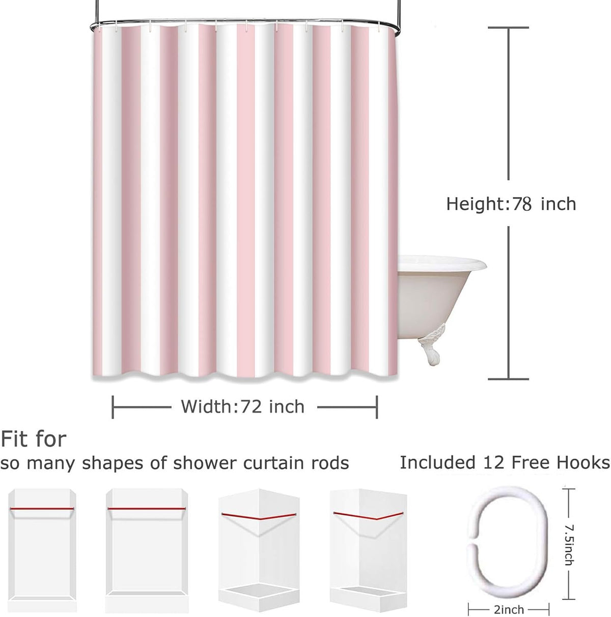 Shower Curtain, for Bathroom Decor 72" x 78", Stripe Pink