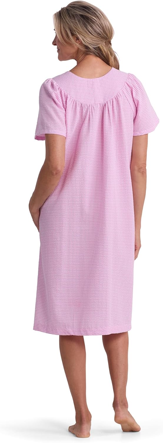 Women's Short Seersucker Robe, Snap Front and Short Sleeves, Two Front Pockets, Sleepwear and Loungewear