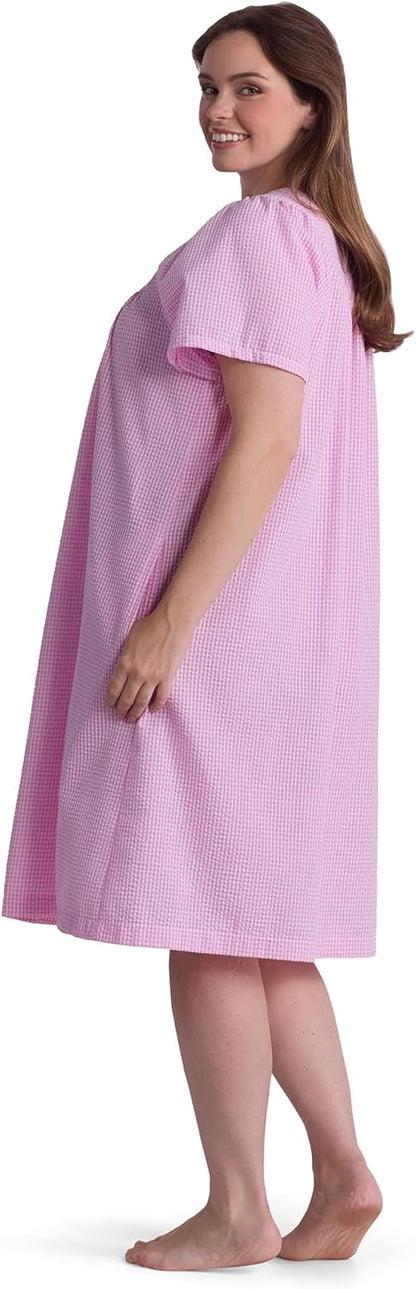 Women's Short Seersucker Robe, Snap Front and Short Sleeves, Two Front Pockets, Sleepwear and Loungewear