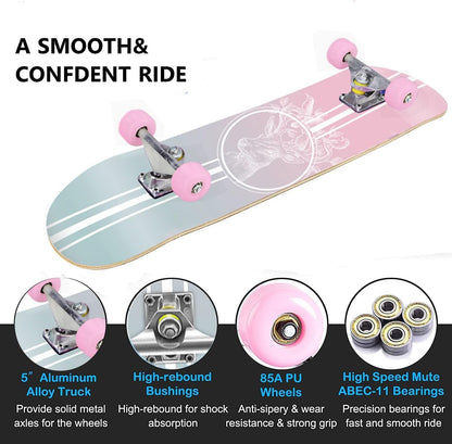 Skateboards for Beginners Kids Boys Girls and Adults 31"x8" Pro Complete Skateboard 8 Layers Maple Wood, Double Kick Concave, Fascinating Cool, Solid&Durable