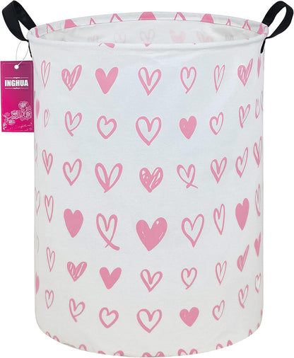 Laundry Hamper Large Canvas Fabric Storage Basket Pink hearts