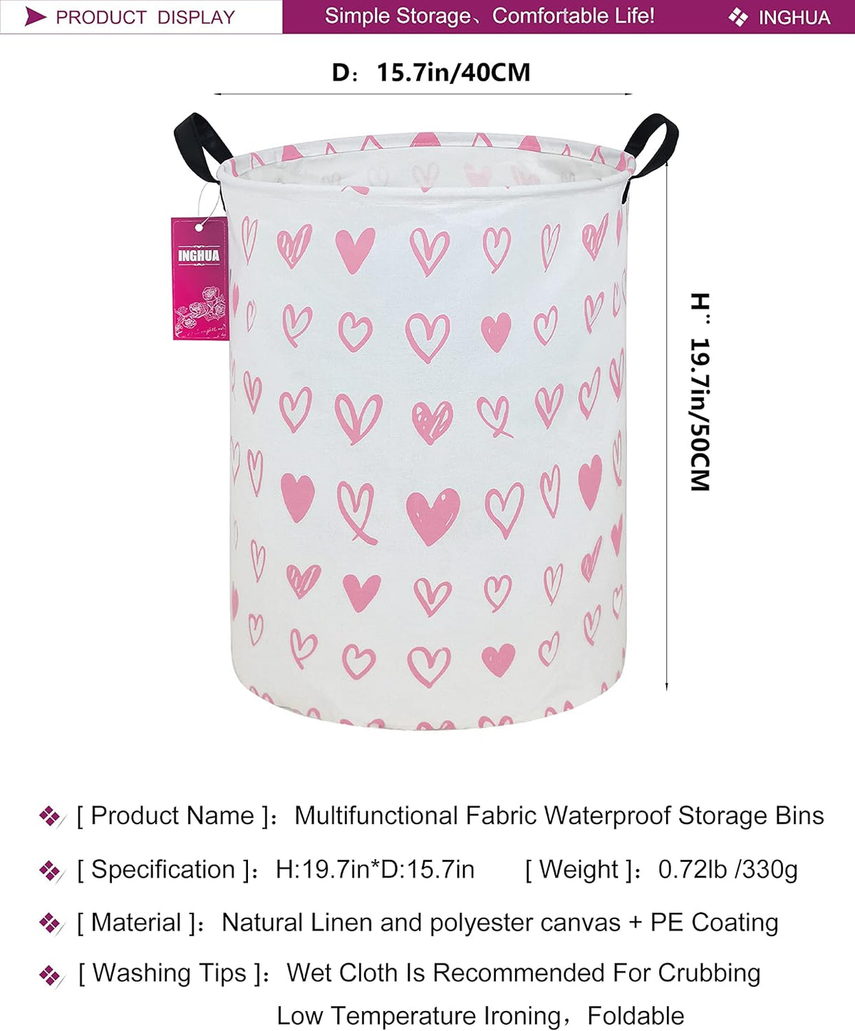 Laundry Hamper Large Canvas Fabric Storage Basket Pink hearts