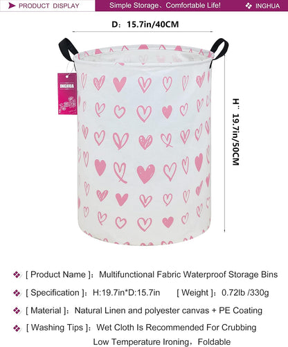 Laundry Hamper Large Canvas Fabric Storage Basket Pink hearts
