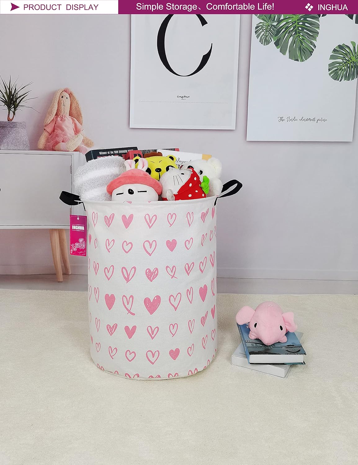 Laundry Hamper Large Canvas Fabric Storage Basket Pink hearts