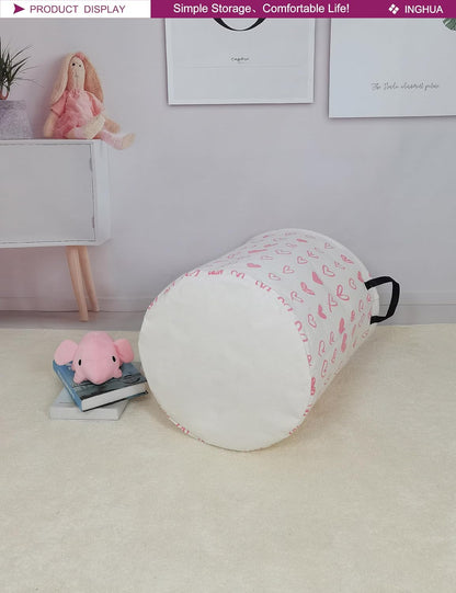 Laundry Hamper Large Canvas Fabric Storage Basket Pink hearts