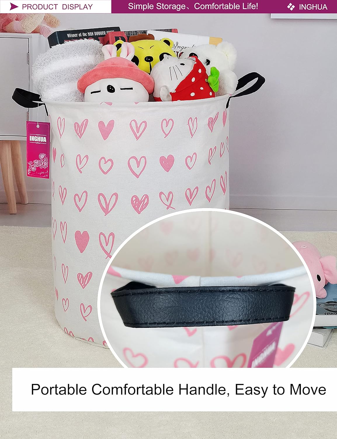 Laundry Hamper Large Canvas Fabric Storage Basket Pink hearts