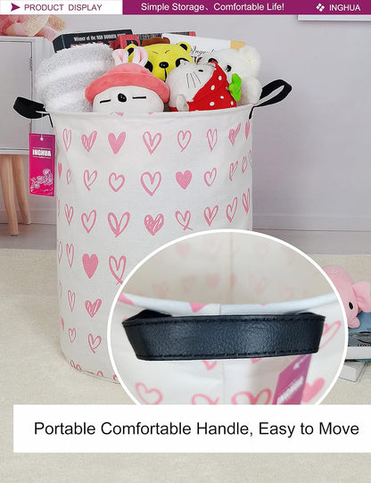 Laundry Hamper Large Canvas Fabric Storage Basket Pink hearts