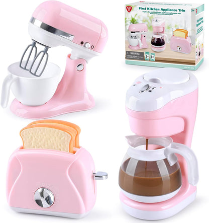 Kitchen Appliances Toys, Kids Kitchen Accessories Set, Pretend Kitchen Toys for Kids Ages 4-8, Coffee Maker, Mixer, Toaster with Realistic Lights & Sounds, Gift for Girls Ages 3+