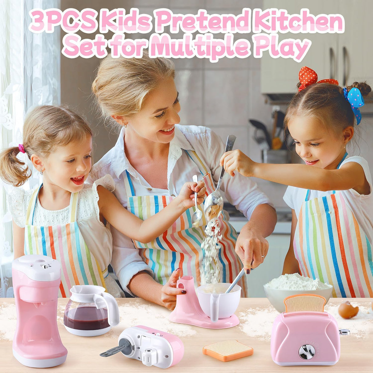Kitchen Appliances Toys, Kids Kitchen Accessories Set, Pretend Kitchen Toys for Kids Ages 4-8, Coffee Maker, Mixer, Toaster with Realistic Lights & Sounds, Gift for Girls Ages 3+