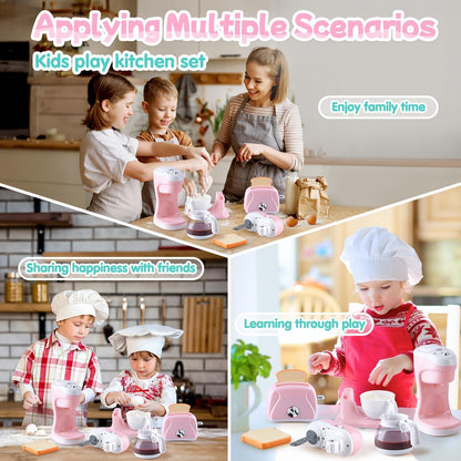 Kitchen Appliances Toys, Kids Kitchen Accessories Set, Pretend Kitchen Toys for Kids Ages 4-8, Coffee Maker, Mixer, Toaster with Realistic Lights & Sounds, Gift for Girls Ages 3+