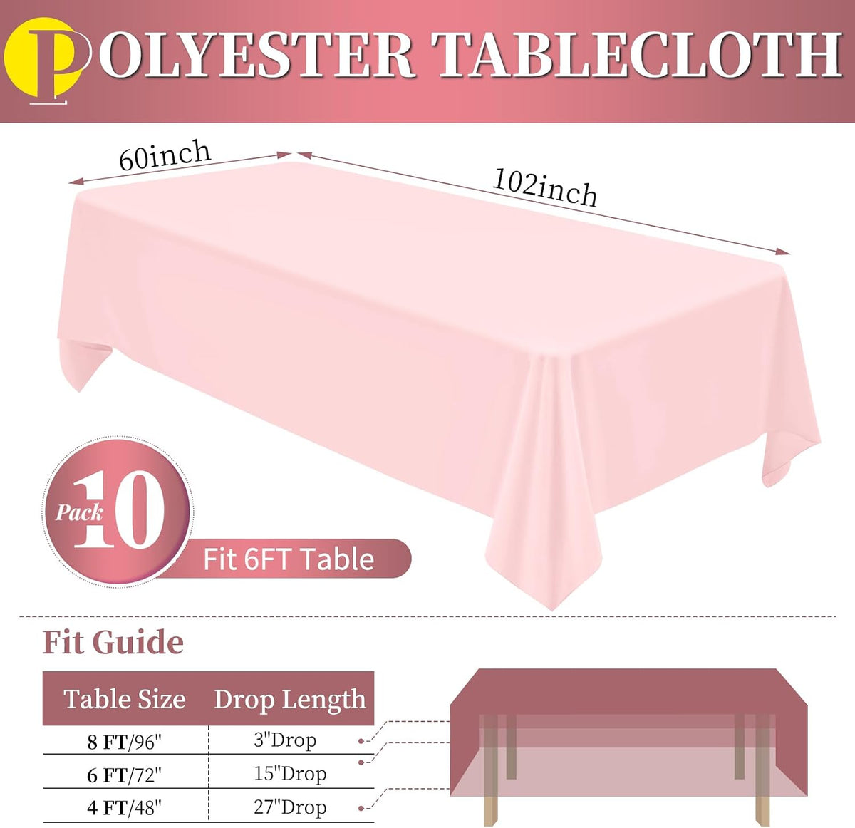 10 Packs Pink Polyester Tablecloth 60 x 102 inch Rectangle Table Cloth for 6 Foot Tables Wrinkle Resistant Washable Fabric Table Cover Polyester Pink Table Cloth for Party,Wedding, Banquet
