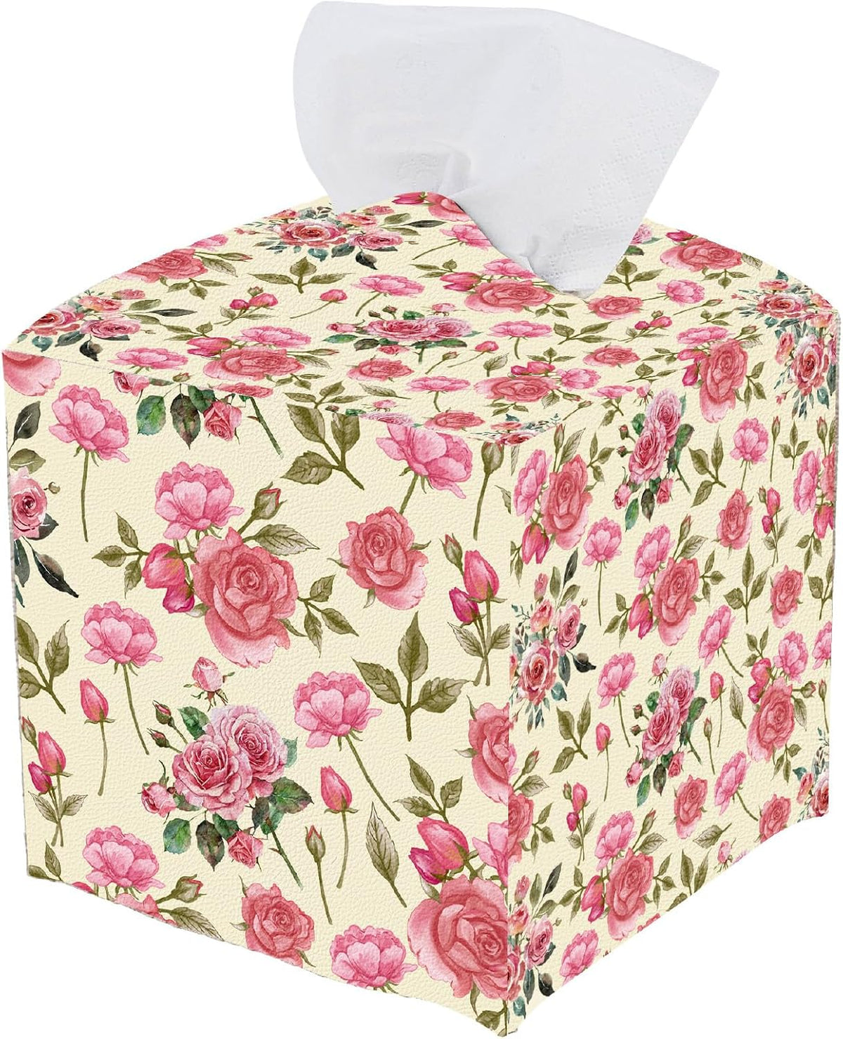 Pink Floral Tissue Box Cover Square Leather Flower Tissue Box Holder Rose Leaves Waterproof Facial Paper Organizer Dispenser for Bathroom Bedroom Kitchen Vanity Home Car Desk Countertop