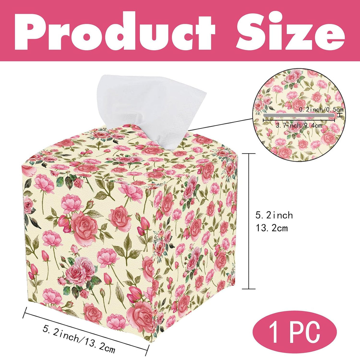 Pink Floral Tissue Box Cover Square Leather Flower Tissue Box Holder Rose Leaves Waterproof Facial Paper Organizer Dispenser for Bathroom Bedroom Kitchen Vanity Home Car Desk Countertop