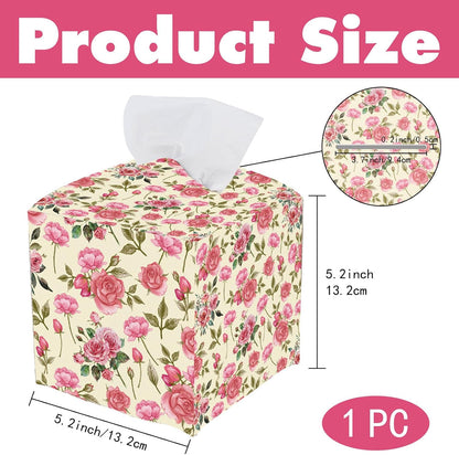 Pink Floral Tissue Box Cover Square Leather Flower Tissue Box Holder Rose Leaves Waterproof Facial Paper Organizer Dispenser for Bathroom Bedroom Kitchen Vanity Home Car Desk Countertop