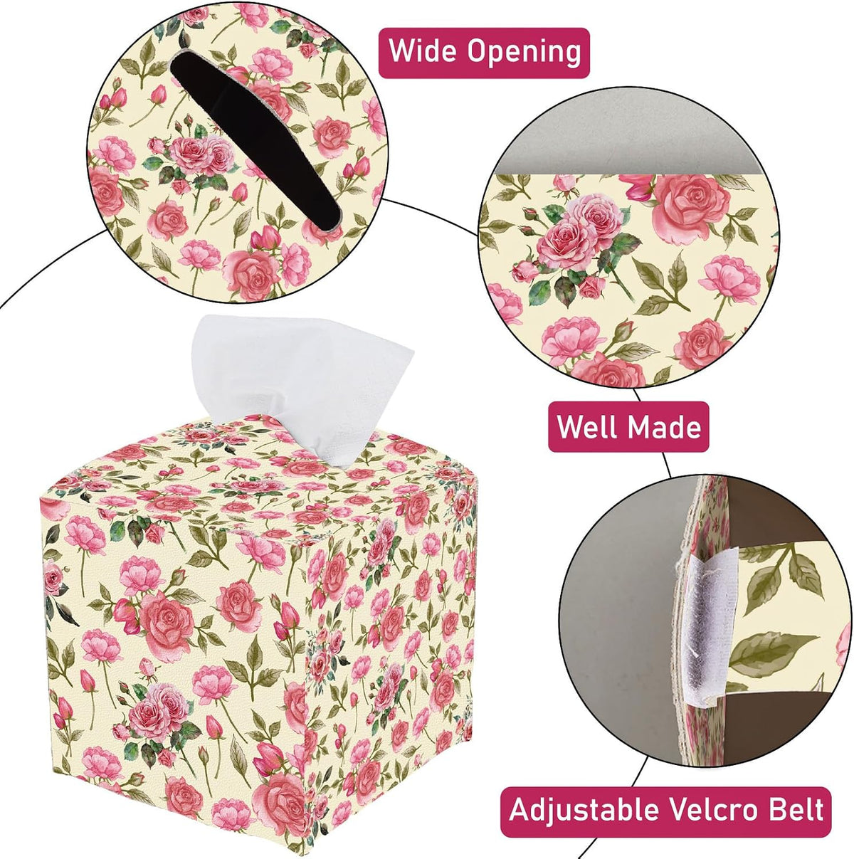 Pink Floral Tissue Box Cover Square Leather Flower Tissue Box Holder Rose Leaves Waterproof Facial Paper Organizer Dispenser for Bathroom Bedroom Kitchen Vanity Home Car Desk Countertop