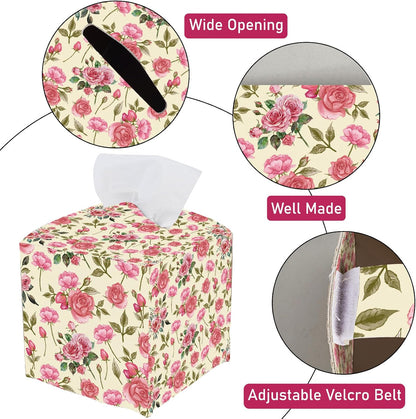 Pink Floral Tissue Box Cover Square Leather Flower Tissue Box Holder Rose Leaves Waterproof Facial Paper Organizer Dispenser for Bathroom Bedroom Kitchen Vanity Home Car Desk Countertop