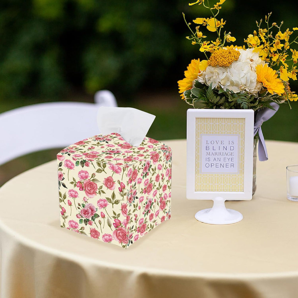 Pink Floral Tissue Box Cover Square Leather Flower Tissue Box Holder Rose Leaves Waterproof Facial Paper Organizer Dispenser for Bathroom Bedroom Kitchen Vanity Home Car Desk Countertop