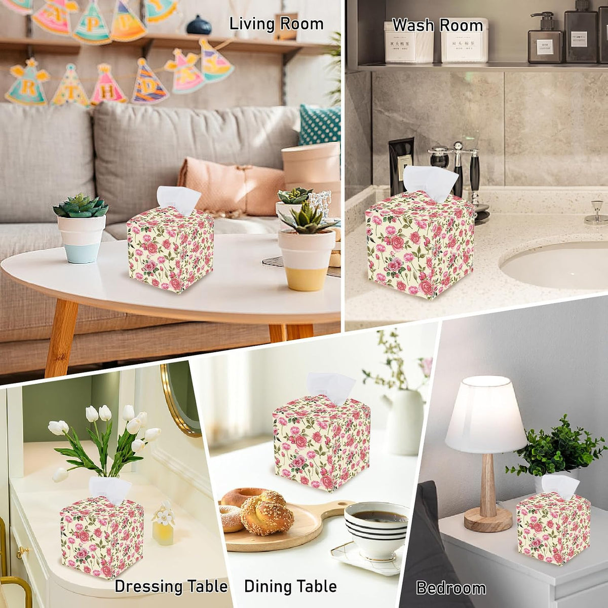 Pink Floral Tissue Box Cover Square Leather Flower Tissue Box Holder Rose Leaves Waterproof Facial Paper Organizer Dispenser for Bathroom Bedroom Kitchen Vanity Home Car Desk Countertop