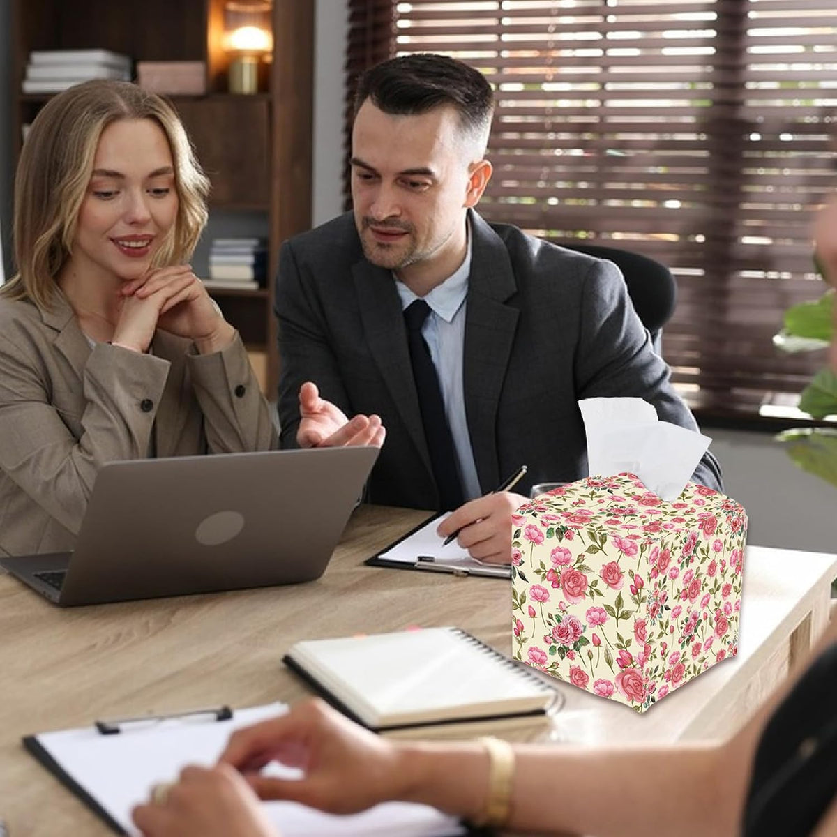 Pink Floral Tissue Box Cover Square Leather Flower Tissue Box Holder Rose Leaves Waterproof Facial Paper Organizer Dispenser for Bathroom Bedroom Kitchen Vanity Home Car Desk Countertop
