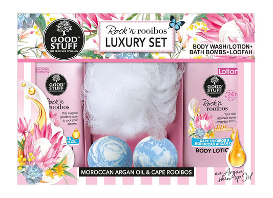 Good Stuff Pink Rock and Rooibos luxury Bath and Body gift set with body wash, lotion, Bath Bombs and a loofah