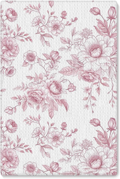 Pink Floral Kitchen Towel, 16x24 Inch, Polyester, Pink and White, Bordered, Casual, 1 Count
