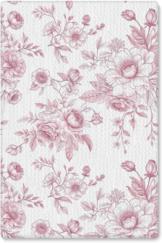 Pink Floral Kitchen Towel, 16x24 Inch, Polyester, Pink and White, Bordered, Casual, 1 Count
