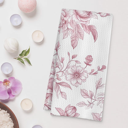 Pink Floral Kitchen Towel, 16x24 Inch, Polyester, Pink and White, Bordered, Casual, 1 Count