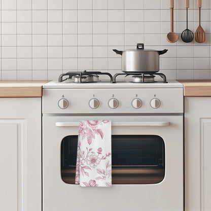 Pink Floral Kitchen Towel, 16x24 Inch, Polyester, Pink and White, Bordered, Casual, 1 Count