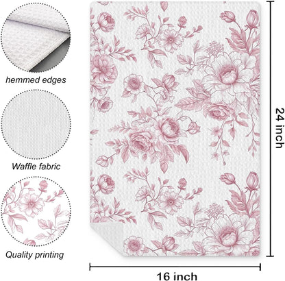 Pink Floral Kitchen Towel, 16x24 Inch, Polyester, Pink and White, Bordered, Casual, 1 Count