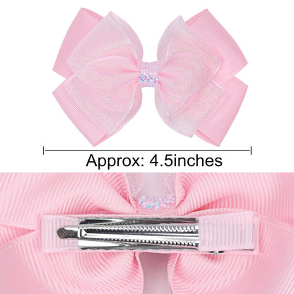 Glitter 4.5-Inch Hair Bows Organza Alligator Clips, Sequin Delicate Double Silver Thread Woven Mesh Hair Accessories for Girls, Toddler, Kids and Women Birthday Wedding - Set of 2 (Light Pink)
