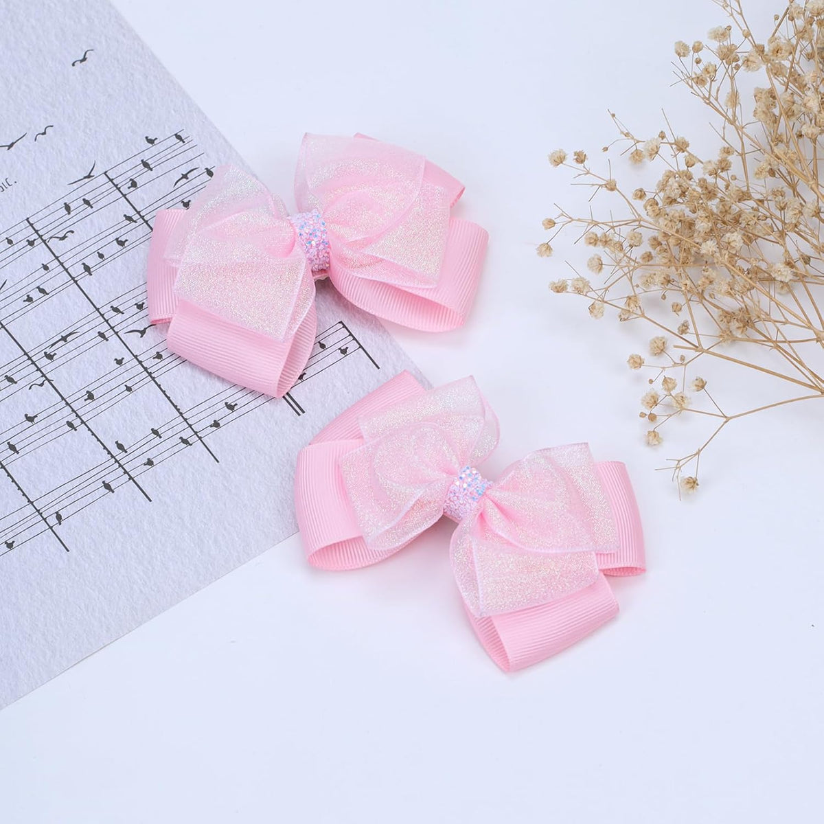 Glitter 4.5-Inch Hair Bows Organza Alligator Clips, Sequin Delicate Double Silver Thread Woven Mesh Hair Accessories for Girls, Toddler, Kids and Women Birthday Wedding - Set of 2 (Light Pink)