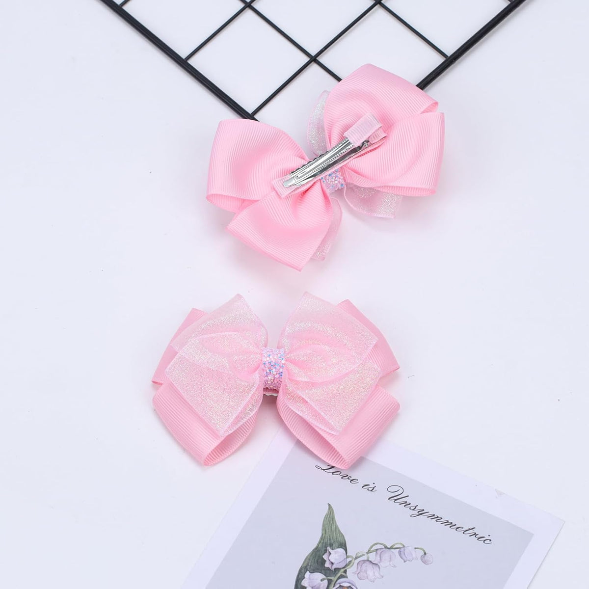 Glitter 4.5-Inch Hair Bows Organza Alligator Clips, Sequin Delicate Double Silver Thread Woven Mesh Hair Accessories for Girls, Toddler, Kids and Women Birthday Wedding - Set of 2 (Light Pink)