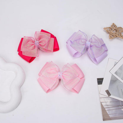 Glitter 4.5-Inch Hair Bows Organza Alligator Clips, Sequin Delicate Double Silver Thread Woven Mesh Hair Accessories for Girls, Toddler, Kids and Women Birthday Wedding - Set of 2 (Light Pink)