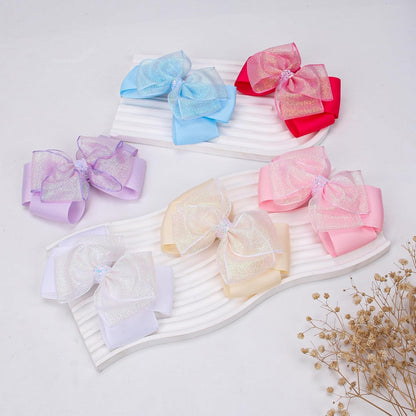 Glitter 4.5-Inch Hair Bows Organza Alligator Clips, Sequin Delicate Double Silver Thread Woven Mesh Hair Accessories for Girls, Toddler, Kids and Women Birthday Wedding - Set of 2 (Light Pink)
