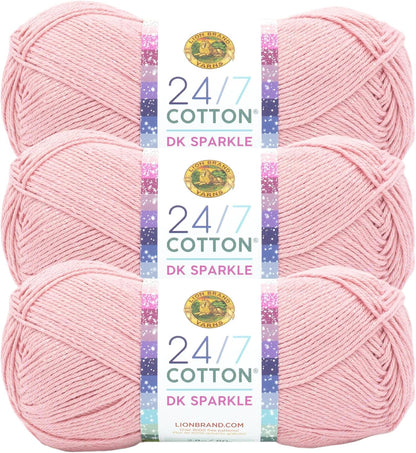 24/7 Cotton DK Crochet Yarn, Pink Diamond, Metal, 3 Pack